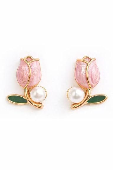 Pink Tulip Flower Stud Earrings, Rose Gold Tone, Pearl Accent, Green Leaf Design