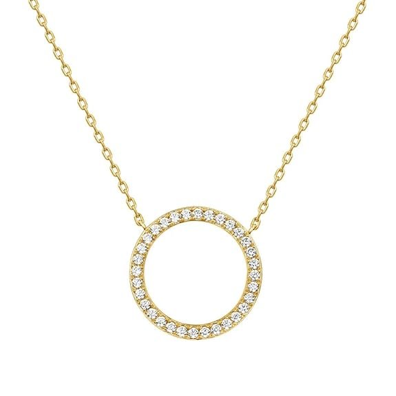 14K Gold Plated Circle Pendant Necklace | Zircon Stones