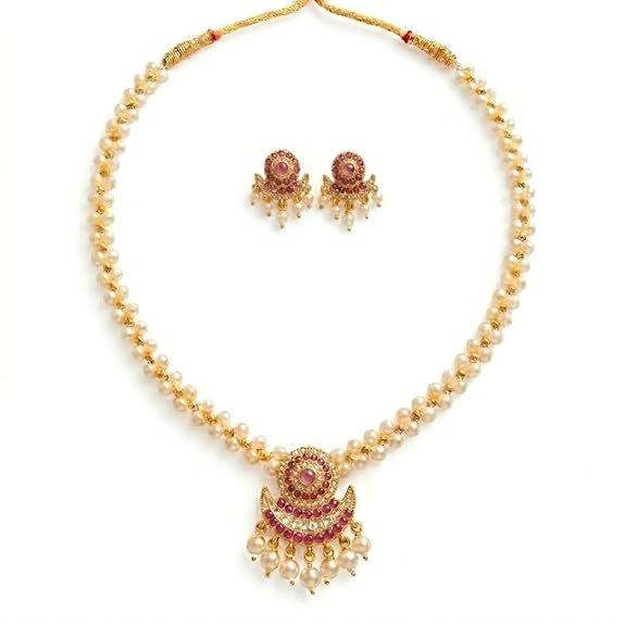 Pearl Gold Plated Jewellery Set with Matching Earrings for Women