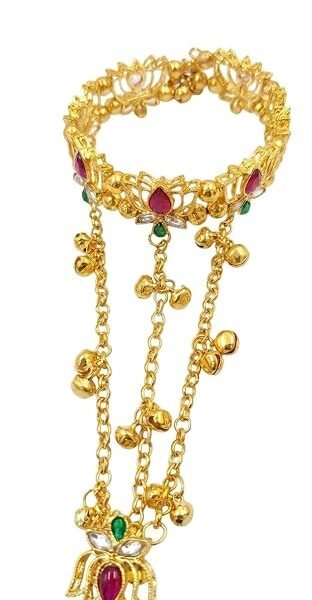 Gold Plated Traditional Hathphool for Women | Lotus Floral Design Adjustable Finger Ring Bracelet