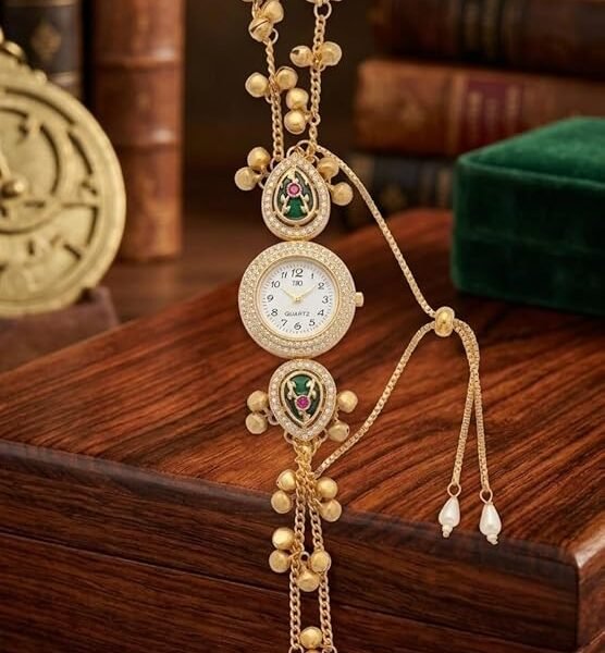 Gold-Plated Kashmiri Bracelet Watch with Kundan Embellishments, Ghungroo Charms and Pearl Accents