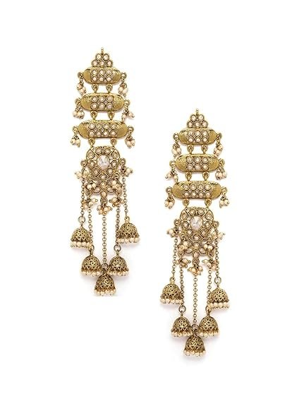Rubans Long Jhumka Earrings with Ear Chain Pearl Beaded Traditional Wedding Jewellery Gift for Women & Girls