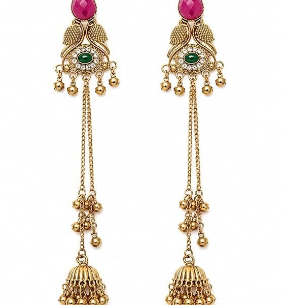 Stylish Jhumka Earrings Pink Green Stone | Kashmiri Traditional Dangler Earrings for Girls | Ethnic Fashion Jewellery