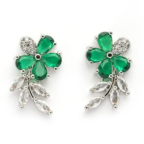 Rhodium Plated Silver Toned Floral Shaped American Diamond Studded Stud Earrings For Women & Girls