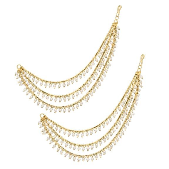 MEENAZ Brass copper Gold kanchain 3 layer long bridal wedding ear kan chain Champaswaralu earchains Ear Chains for Hair Jhumka Jhumki kanoti moti pearl Traditional Earrings for women girls