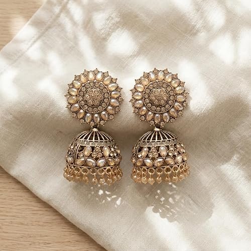 Antique Gold Jhumka Earrings with Kundan Stones, Floral Stud Top, Pearl Drops, Traditional Indian Ethnic Style, Pack of 1 Pair
