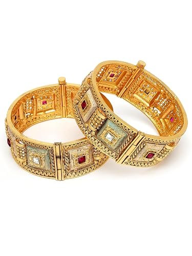 Set of 2 Gold Plated Square Floral Design Multi Color Meena Bangles for Women